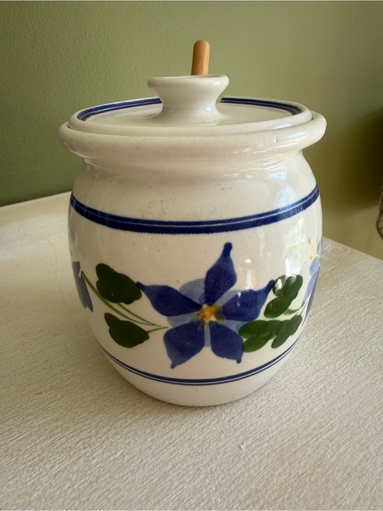 Other - Blue Floral Ceramic Pottery Honey Pot with Lid
